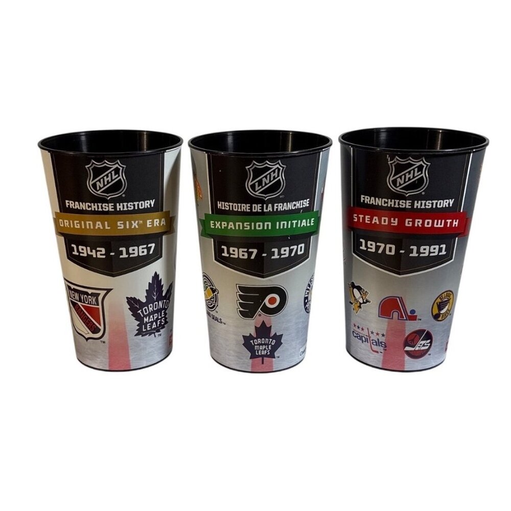 NHL History Beverage Cups Plastic Original Six Expansion Steady Growth Lot of 3